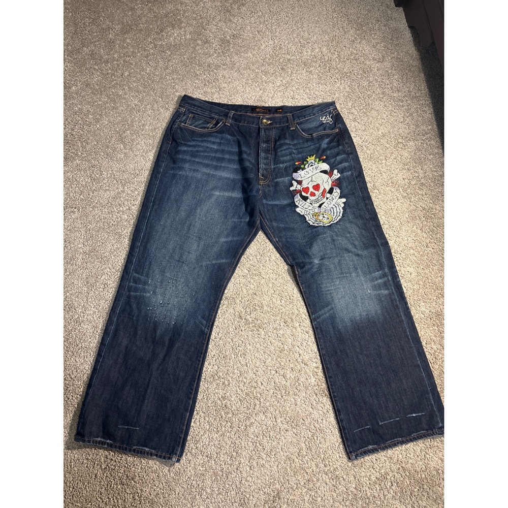 Ed Hardy Christian Audigier Rhinestone Skull Jeans Dark Wash 44 Y2K Streetwear